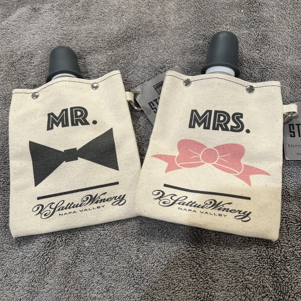 Two (2)Tote+ Able Reusable Canvas 4 Oz Flask & 1 Oz Shot Cap "MR & MRS" Set-Cute